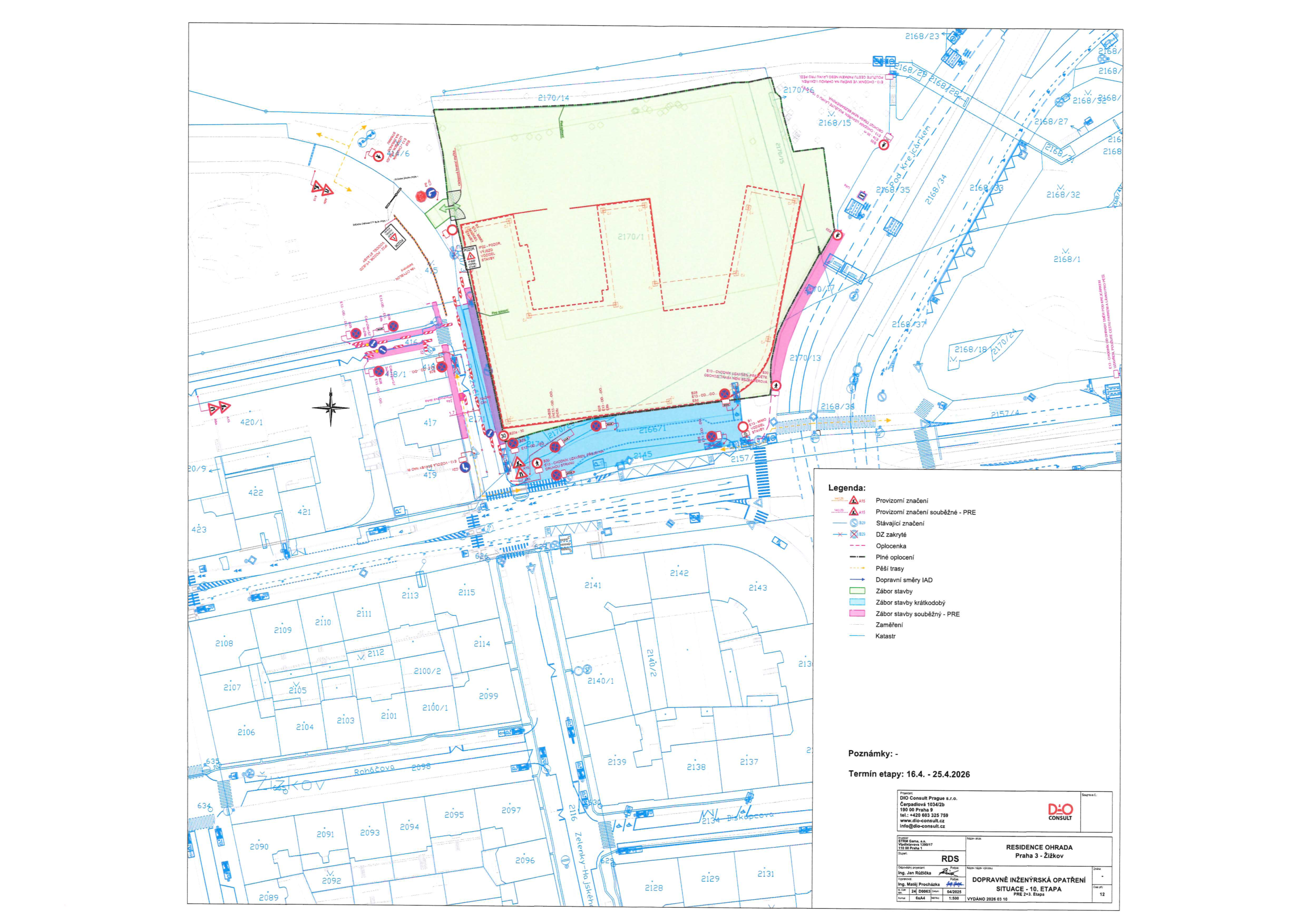 Koordinační situace dopravně inženýrských opatření pro stavbu Residence Ohrada v Praze 3 - Žižkov.