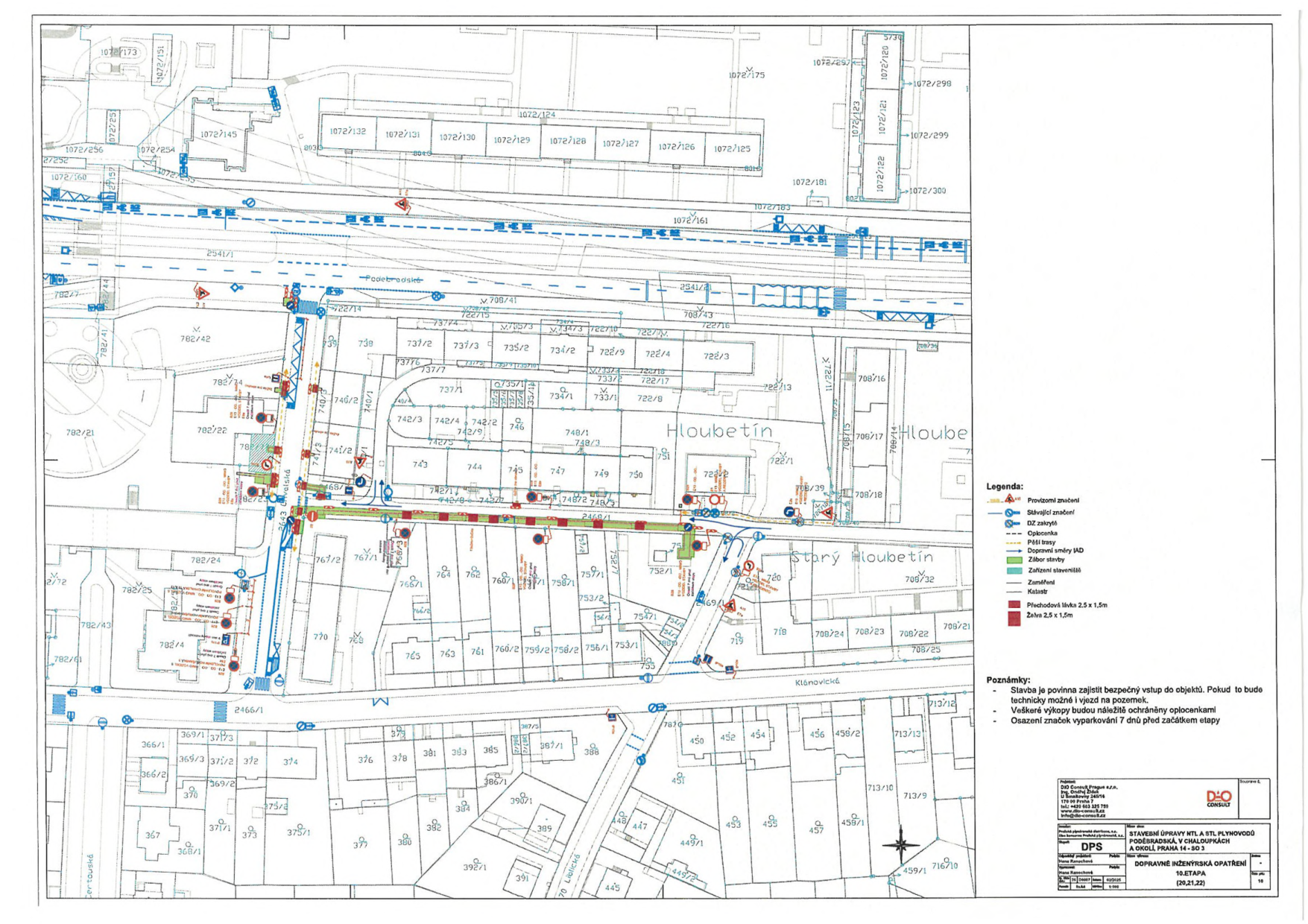 Plán dopravního značení a záborů pro stavbu plynovodu v oblasti Starý Hloubětín.