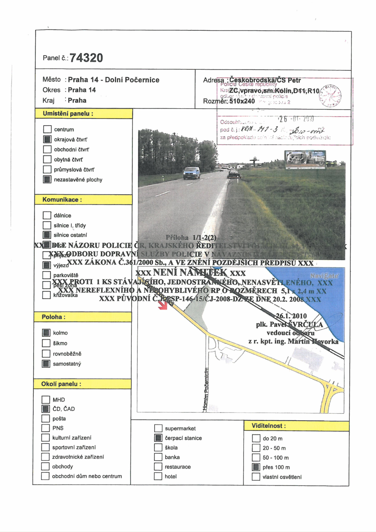 Dokumentace k umístění reklamního panelu obsahující situační nákres a fotografii pozemku.