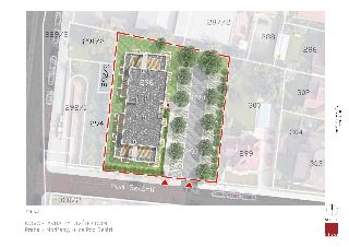 Situační nákres novostavby bytového domu v Praze - Modřanech, ulice Pod Belárií. Mapa obsahuje katastrální čísla pozemků (286, 287/2, 288, 289/2, 291/2, 292/1,…