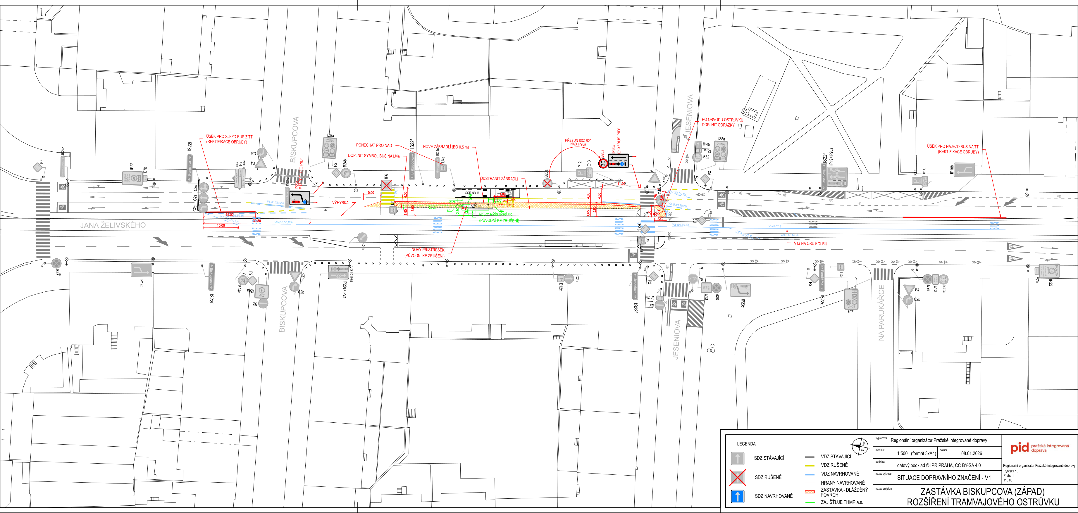Situační nákres dopravního značení a rozšíření tramvajového ostrůvku zastávky Biskupcova.