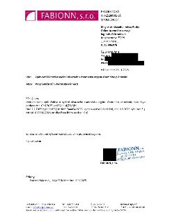 Naskenovaná stránka textového dokumentu: Dopis společnosti FABIONN, s.r.o., ze dne 27.11.2025. Adresát: Magistrát hlavní města Prahy, Odbor územního rozvoje, I…