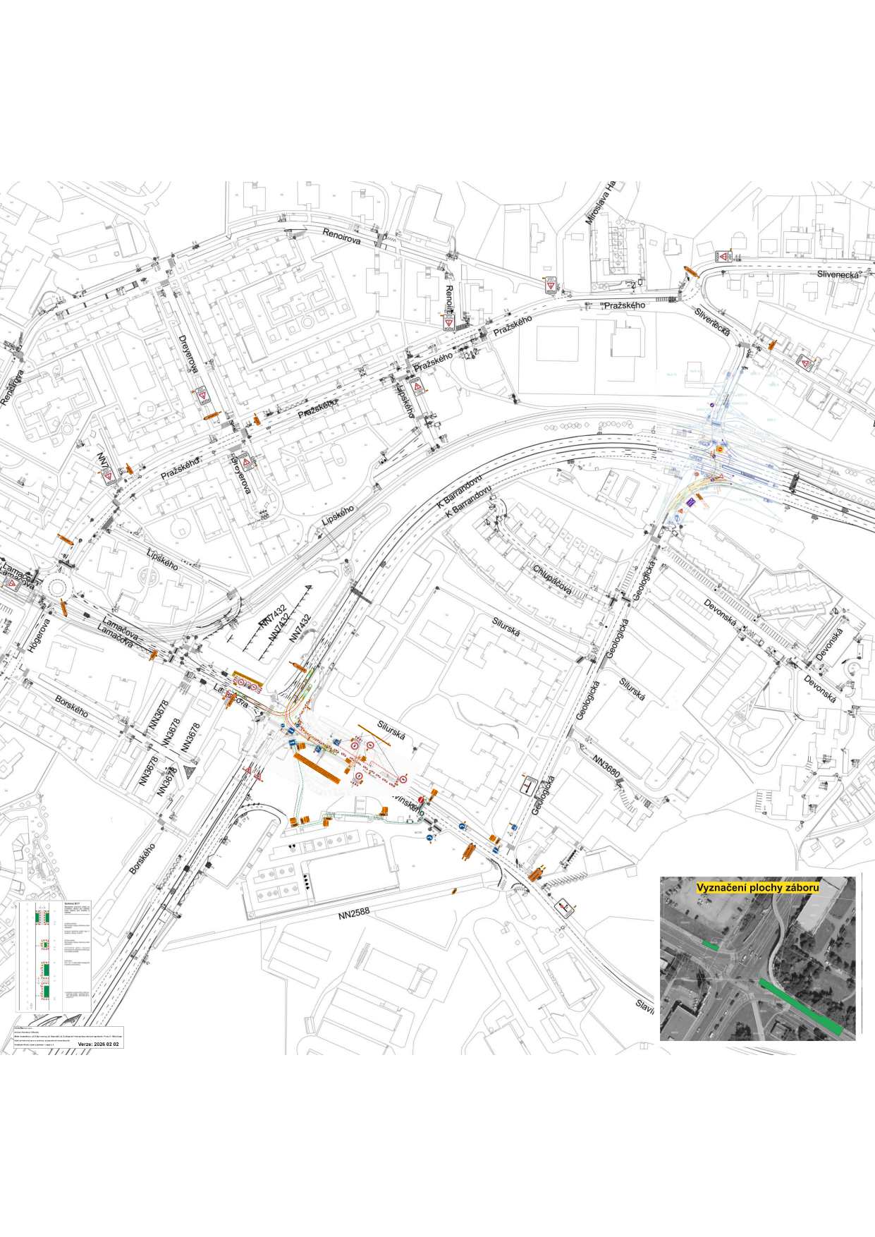 Koordinační výkres dopravního značení a záborů veřejného prostranství v lokalitě Barrandov.