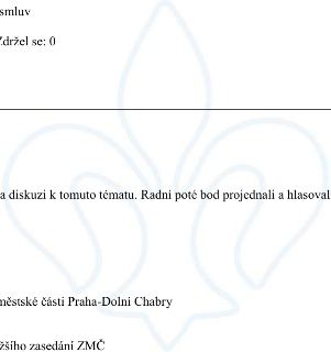 smluv

Zdržel se: 0

a diskuzi k tomuto tématu. Radní poté bod projednali a hlasoval

městské části Praha-Dolní Chabry

žšího zasedání ZMČ
