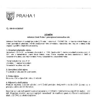 PRAHA 1, Čj.: 89/10-11/2026/Z. ZÁMĚR městské části Praha 1 pronajmout nemovitou věc. Městská část Praha 1 zveřejňuje podle § 36 odst. 1 zákona č. 131/2000 Sb.,…