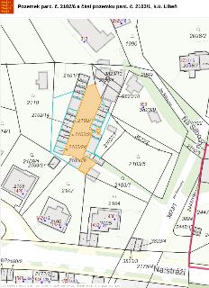 Pozemek parc. č. 2102/6 a část pozemku parc. č. 2102/1, k.ú. Libeň. Katastrální mapa zobrazující parcely v okolí ulice Na Šilbochu a Na stráži, Praha. Jsou vyz…
