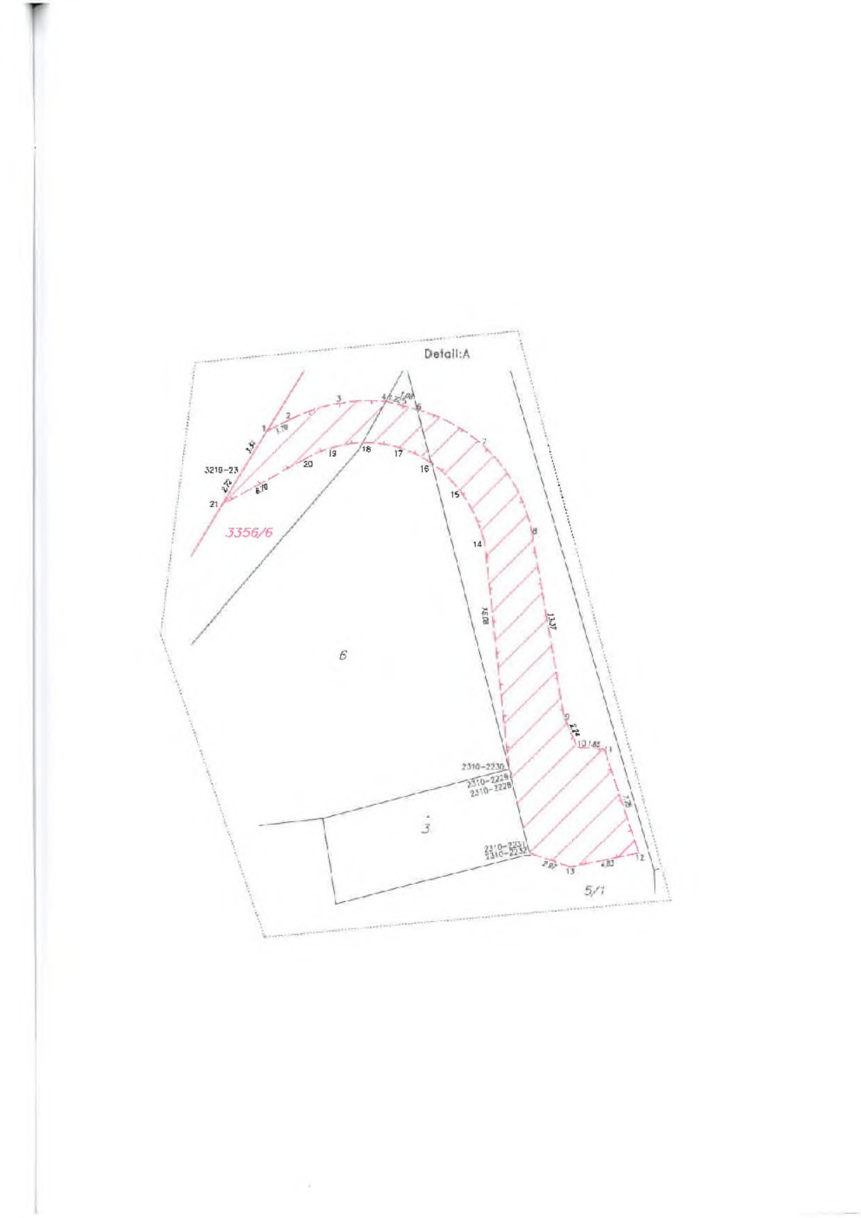 Situační nákres (geometrický plán) znázorňující vymezení části pozemku šrafováním. V mapě jsou uvedena čísla parcel: 3356/6, 3, 5/i. Dále jsou zde uvedena čísla bodů (např. 21, 20, 19, 18, 17, 16, 15, 14, 13, 12) a číselné kódy parcelních čísel nebo bodů: 3210-23, 2310-2236, 2310-2228, 2310-2231, 2310-2237. V horní části je nápis 'Detail: A'.