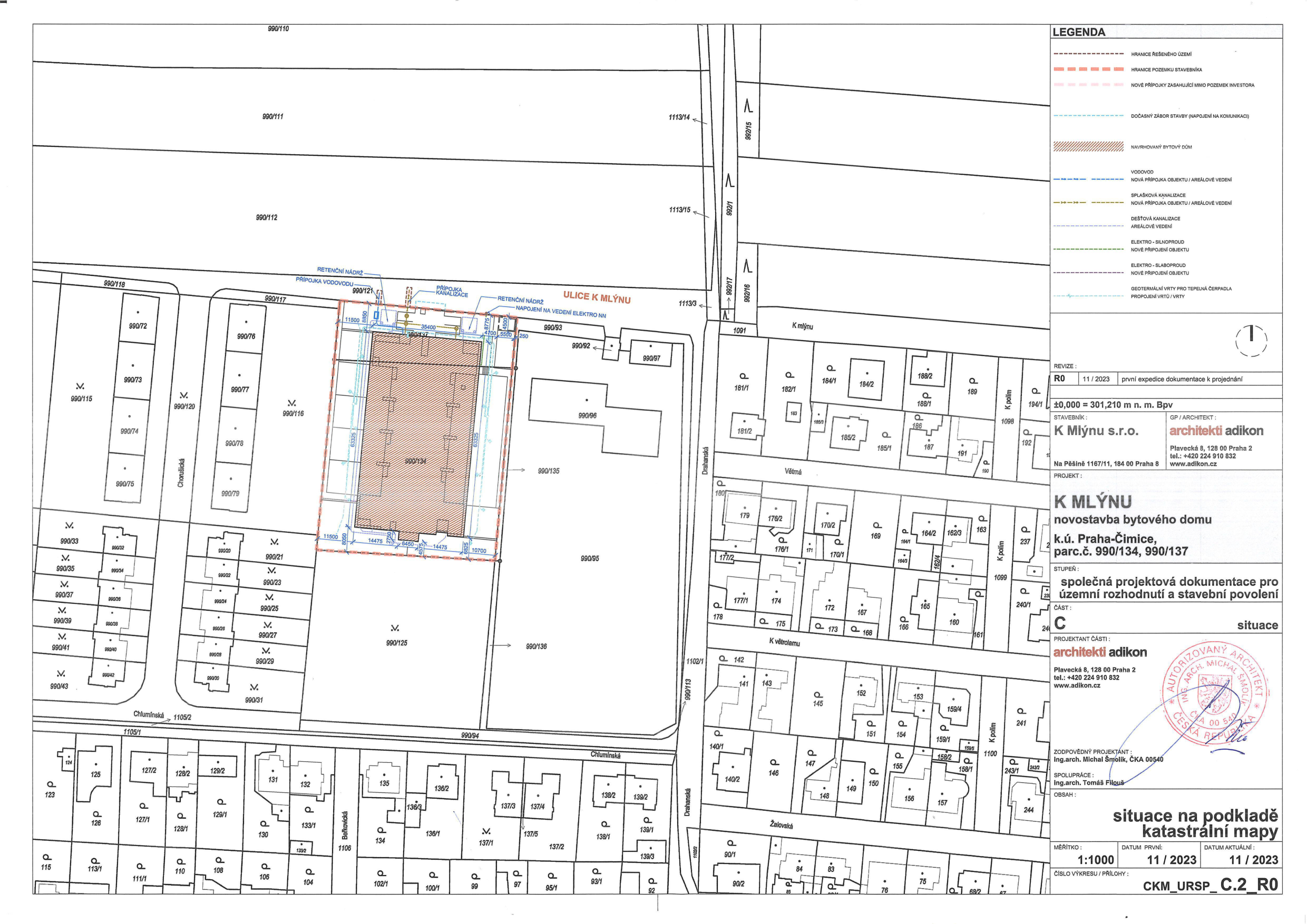 Koordinační situace novostavby bytového domu na pozemcích parc. č. 990/134, 990/137 v k.ú. Praha-Čimice.