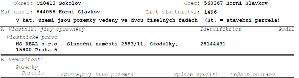 Výpis z katastru nemovitostí (List vlastnictví 1496). Okres: CZ0413 Sokolov, Obec: 560367 Horní Slavkov, Katastrální území: 644056 Horní Slavkov. V katastrálním území jsou pozemky vedeny ve dvou číselných řadách (St. = stavební parcela). Část A (Vlastník, jiný oprávněný): Vlastnické právo - HS REAL s.r.o., Sluneční náměstí 2583/11, Stodůlky, 15800 Praha 5, Identifikátor: 28144431. Část B (Nemovitosti): Pozemky, Parcela, Výměra [m2], Druh pozemku, Způsob využití, Způsob ochrany.