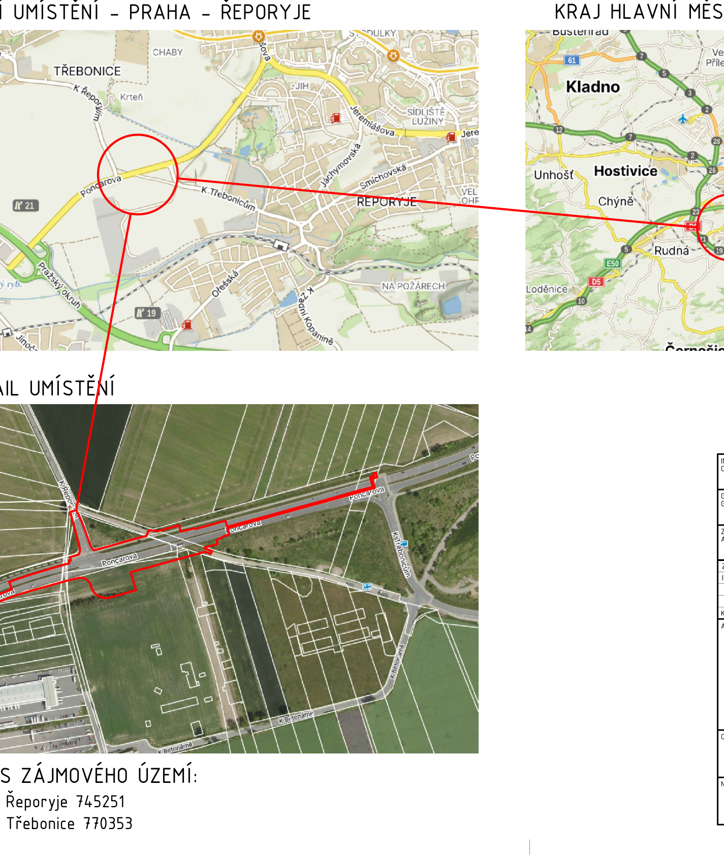 Lokalizační mapa a ortofoto zájmového území v katastrálním území Řeporyje a Třebonice.