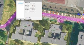 Situační plán ulice Bendova s technickými údaji. V okně aplikace jsou uvedeny parametry: Název: Bendova, Číslo ulice: 69 574, Inventární délka: 294,97 m, Celko…