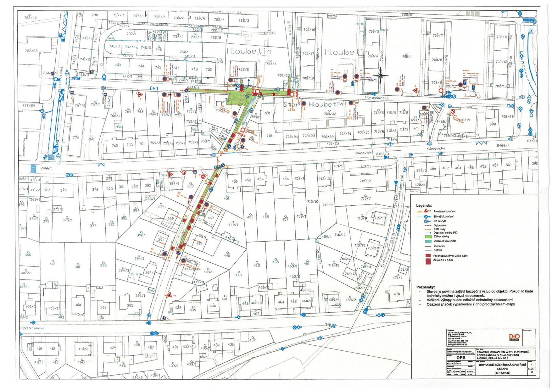Koordinační situační výkres dopravně inženýrských opatření pro stavbu plynovodu v lokalitě Praha 14 – Hloubětín.