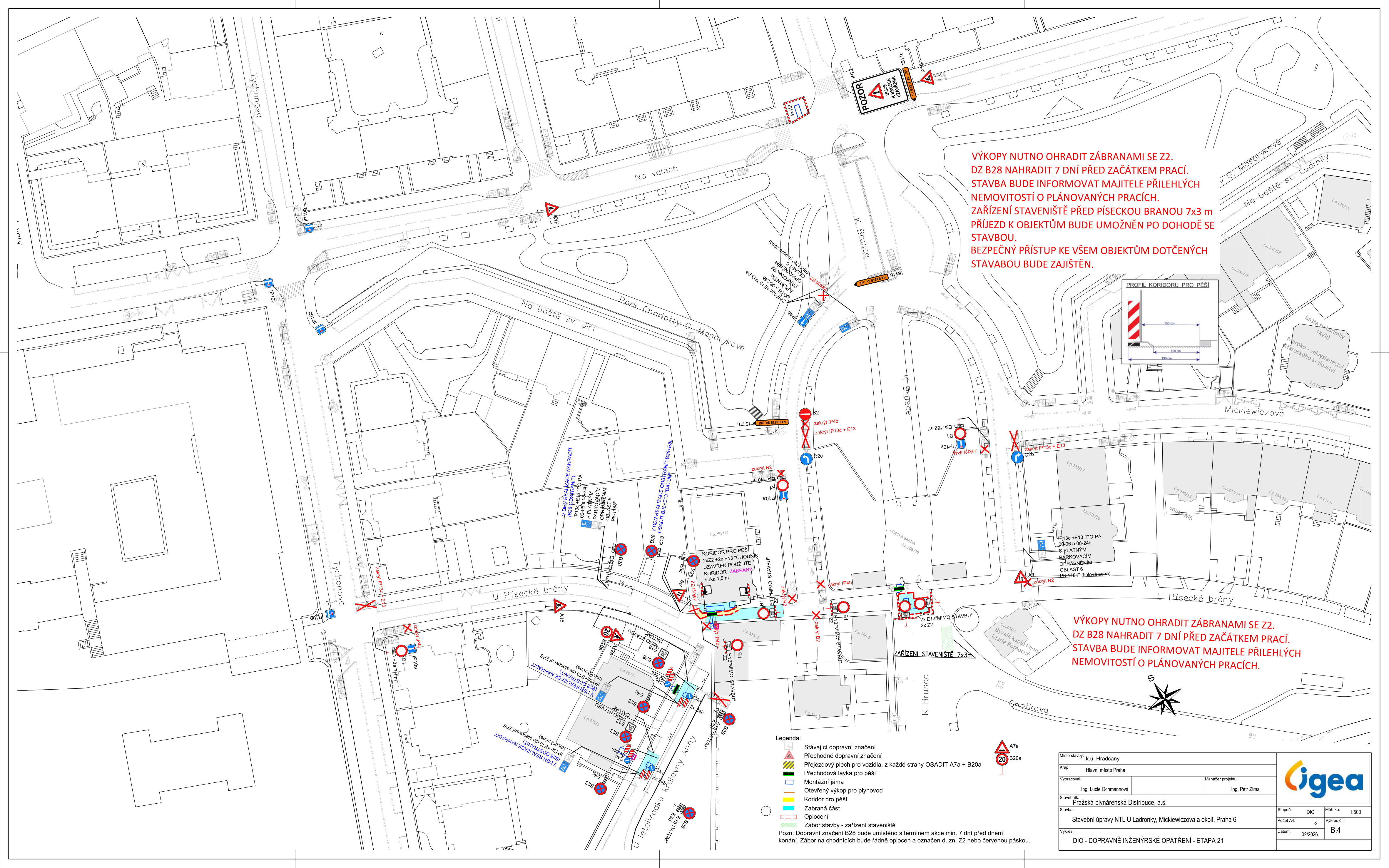 Dopravně inženýrské opatření (DIO) pro stavební práce v oblasti ulice U Písecké brány.