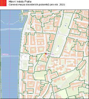 Mapa z dokumentu 'Hlavní město Praha: Cenová mapa stavebních pozemků pro rok 2025'. Mapa zobrazuje oblast Nového Města v Praze v blízkosti řeky Vltavy a čtvrti…