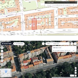 Katastrální mapa a 3D model Prahy (Geoportál hl. m. Prahy). Katastrální území: Smíchov (729051), Parcela: 3571, Výměra: 829 m2. Ukazuje pozemek a okolní zástav…