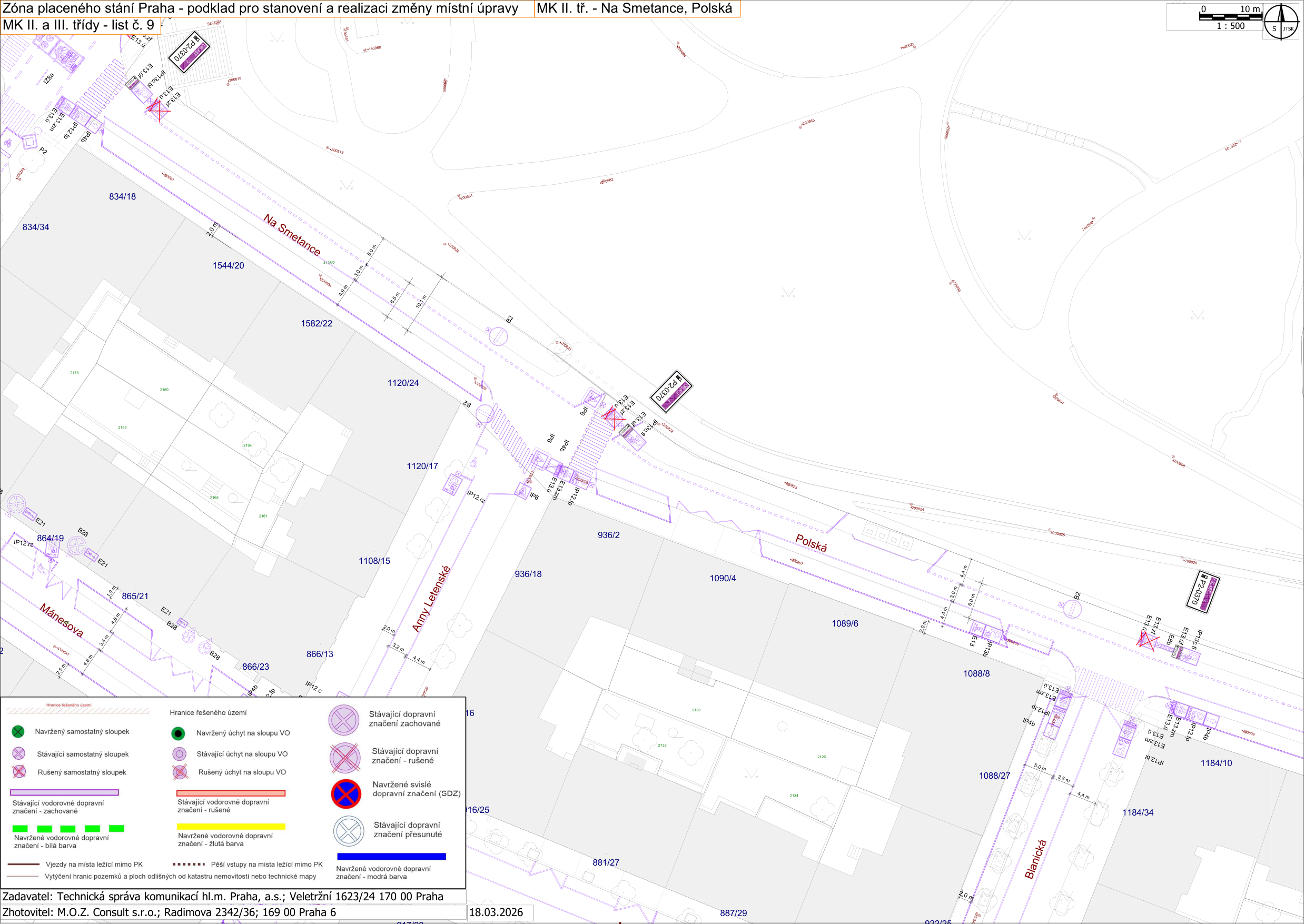 Situační plán dopravního značení pro zónu placeného stání v Praze, lokalita MK II. tř. - Na Smetance, Polská, list č. 9. Mapa zobrazuje ulice Na Smetance, Anny Letenské, Polská a Blanická s vyznačením stávajícího a navrhovaného dopravního značení (svislé i vodorovné). Obsahuje legendu značek (samostatné sloupky, úchyty na sloupech VO, vodorovné značení). Zadavatel: Technická správa komunikací hl.m. Prahy, a.s.; Zhotovitel: M.O.Z. Consult s.r.o.; Datum: 18.03.2026. Čísla parcel: 834/18, 1544/20, 1582/22, 1120/24, 1120/17, 1108/15, 866/13, 866/23, 865/21, 864/19, 936/2, 936/18, 1090/4, 1089/6, 1088/8, 1088/27, 1184/10, 1184/34, 881/27, 887/29.