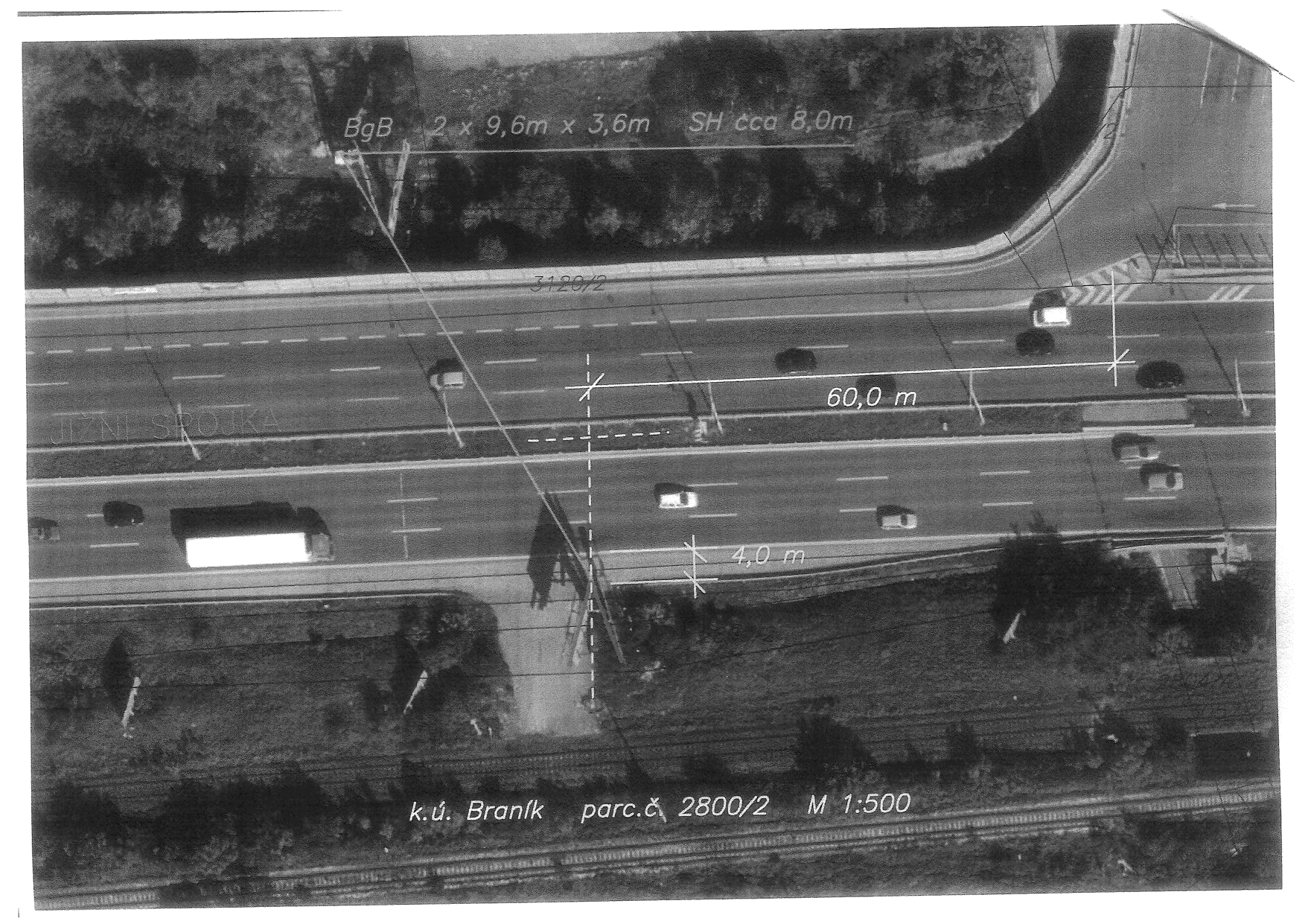 Situační nákres (ortofotomapa) s technickými údaji: 'BgB 2 x 9,6m x 3,6m SH cca 8,0m', '3120/2', '60,0 m', '4,0 m', 'k.ú. Braník parc.č. 2800/2 M 1:500'. Obrázek zachycuje úsek silnice s vyznačenými rozměry a parcelními čísly.