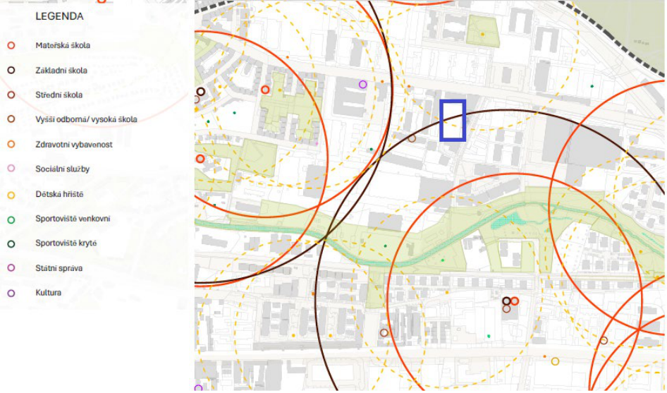 Mapa dostupnosti občanské vybavenosti a služeb s vyznačeným zájmovým územím.