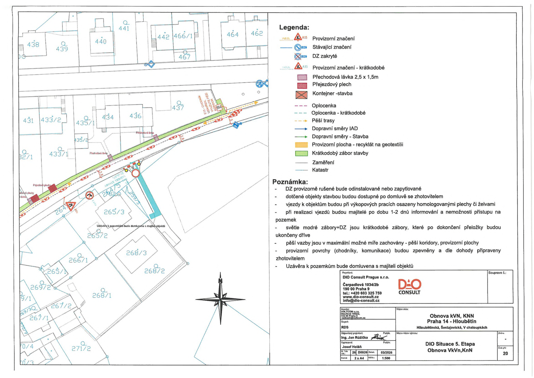 Projektová dokumentace DIO (Dopravně inženýrské opatření) pro stavbu 'Obnova KVN, KNN Praha 14 - Hloubětín', lokalita Šestajovická, V chaloupkách. Dokument obsahuje situační mapu s vyznačením provizorního značení, oplocení, pěších tras, záborů a kontejnerů. Legenda: A15 provizorní značení, B29 stávající značení, DZ zakryté, přechodová lávka 2,5 x 1,5m, přejezdový plech, kontejner-stavba, oplocení, pěší trasy, dopravní směry. Poznámky: DZ bude odinstalované nebo zapytlované, dotčené objekty budou dostupné po domluvě, vjezdy budou řešeny plechy či želvami, krátkodobé zábory budou po dokončení přeložky ukončeny dříve, pěší vazby budou zachovány. Projektant: DIO Consult Prague s.r.o., Čerpadlová 1034/2b, 190 00 Praha 9, tel: +420 603 325 759, www.dio-consult.cz. Investor: VOLTCOM s.r.o. Zpracoval: Josef Holáň, zodpovědný projektant: Ing. Jan Růžička. Datum: 03/2026, měřítko 1:500.