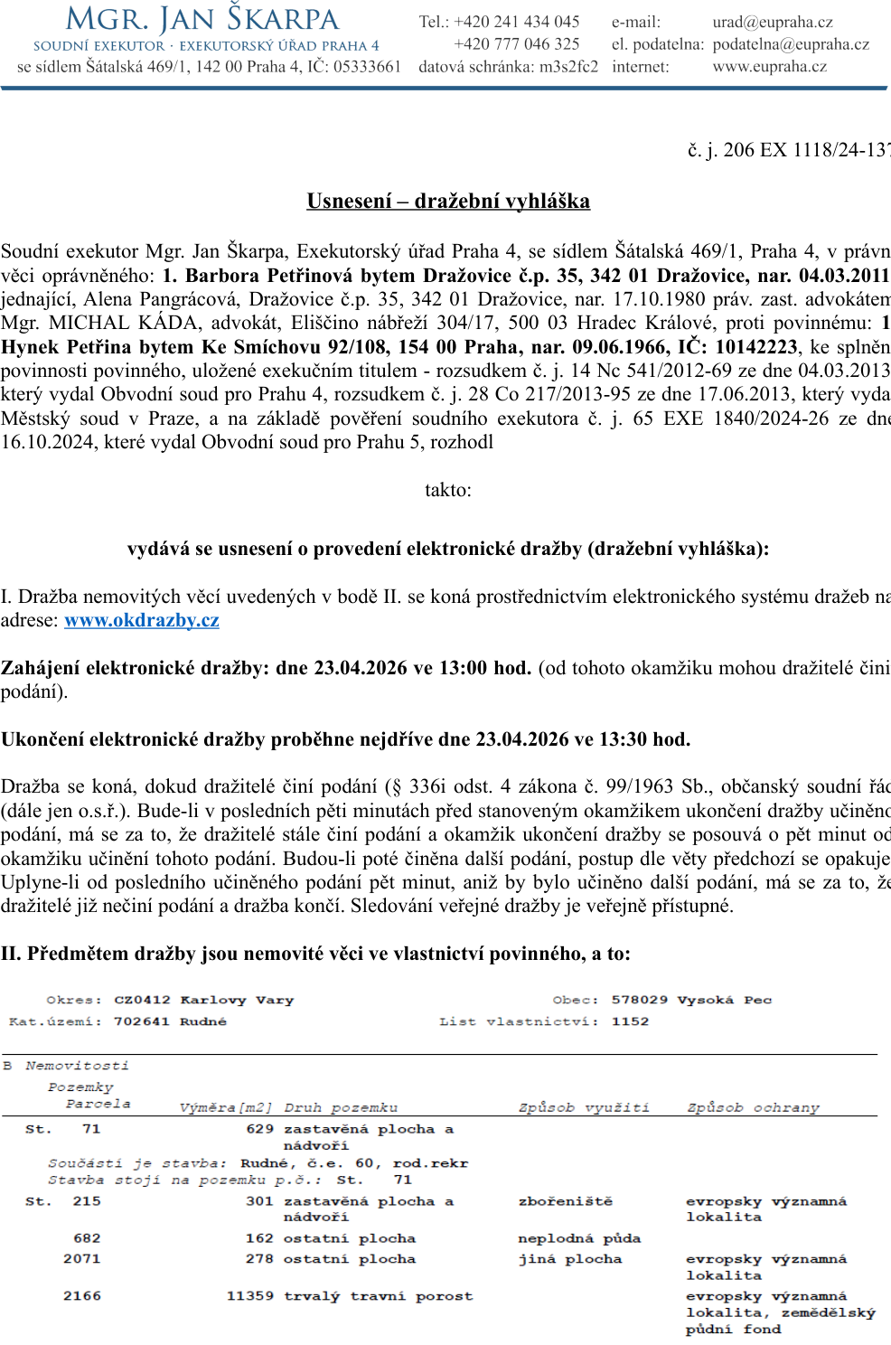 Výpis z katastru nemovitostí s přehledem pozemků a budov v rámci dražební vyhlášky.