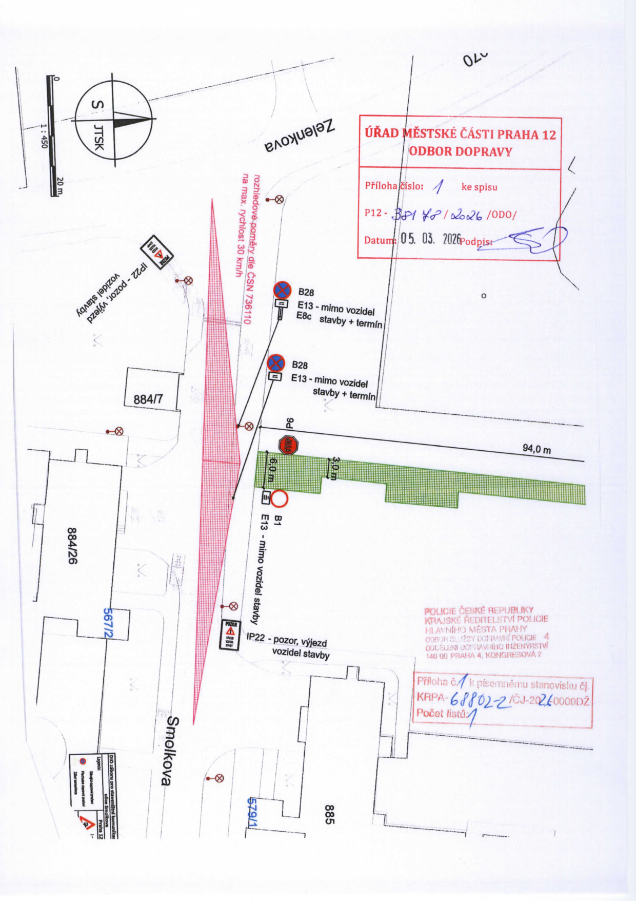 Situační nákres dopravního značení pro staveniště na ulici Smolkovo a Zelenkova.