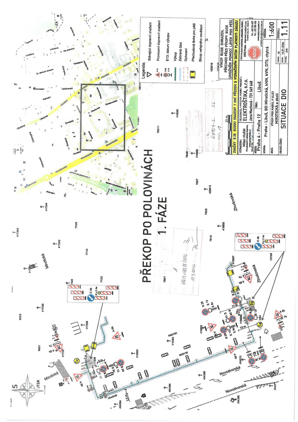 Situační nákres dopravního značení a výkopových prací pro stavbu v lokalitě Praha-Libuš.