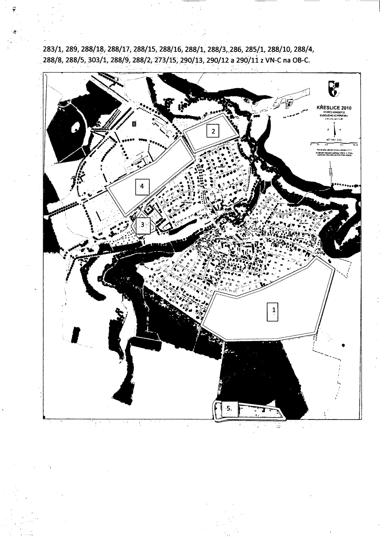 Urbanistický plán nebo situační nákres území v Křeslicích s vyznačenými zónami a parcelami.