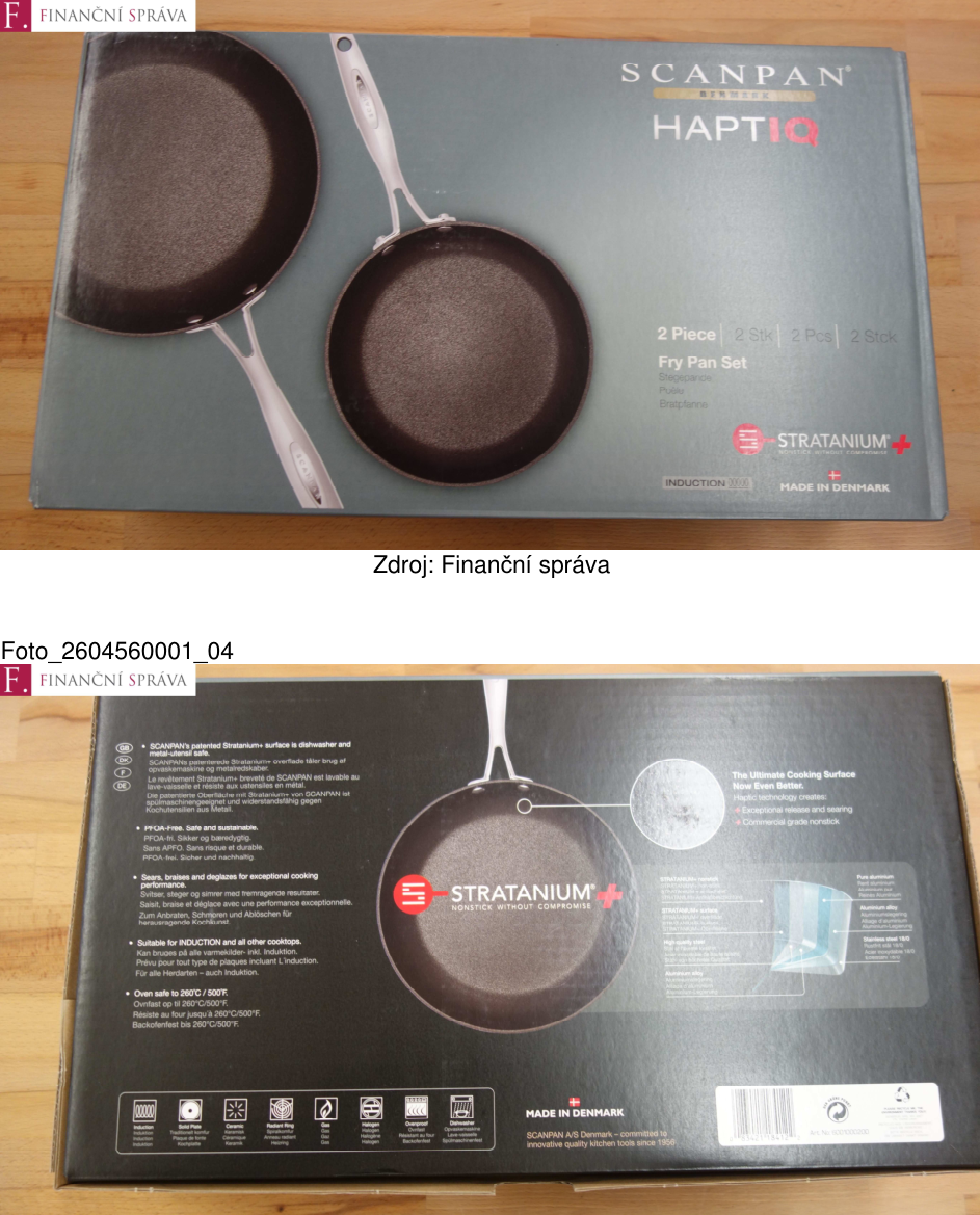 Obal sady dvou pánví značky SCANPAN, řada HAPTIQ. Informace z obalu: 2 Piece / 2 Stk / 2 Pcs / 2 Stck, Fry Pan Set / Stegepande / Pande / Bratpfanne. Technologie povrchu: STRATANIUM+ NONSTICK WITHOUT COMPROMISE. Vlastnosti: vhodné pro indukci (INDUCTION), vhodné do myčky, odolné vůči kovovému náčiní, vhodné do trouby do 260°C/500°F, vyrobeno v Dánsku (MADE IN DENMARK). Uvedeno, že povrch je PFOA-free, vhodný pro smažení, dušení a deglazování. Zobrazeny piktogramy kompatibility s různými typy sporáků (indukce, plotýnka, keramika, halogen, plyn) a odolnosti (trouba, myčka). Čárový kód a označení výrobce SCANPAN A/S Denmark.