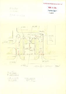 Parkoviště Květnového Vítězství, MK11-38c, Parkoviště 1, 1. úsek. Ručně kreslený situační plán parkoviště s kótami, označením materiálů (AB5, ABJ4) a zaměřením…
