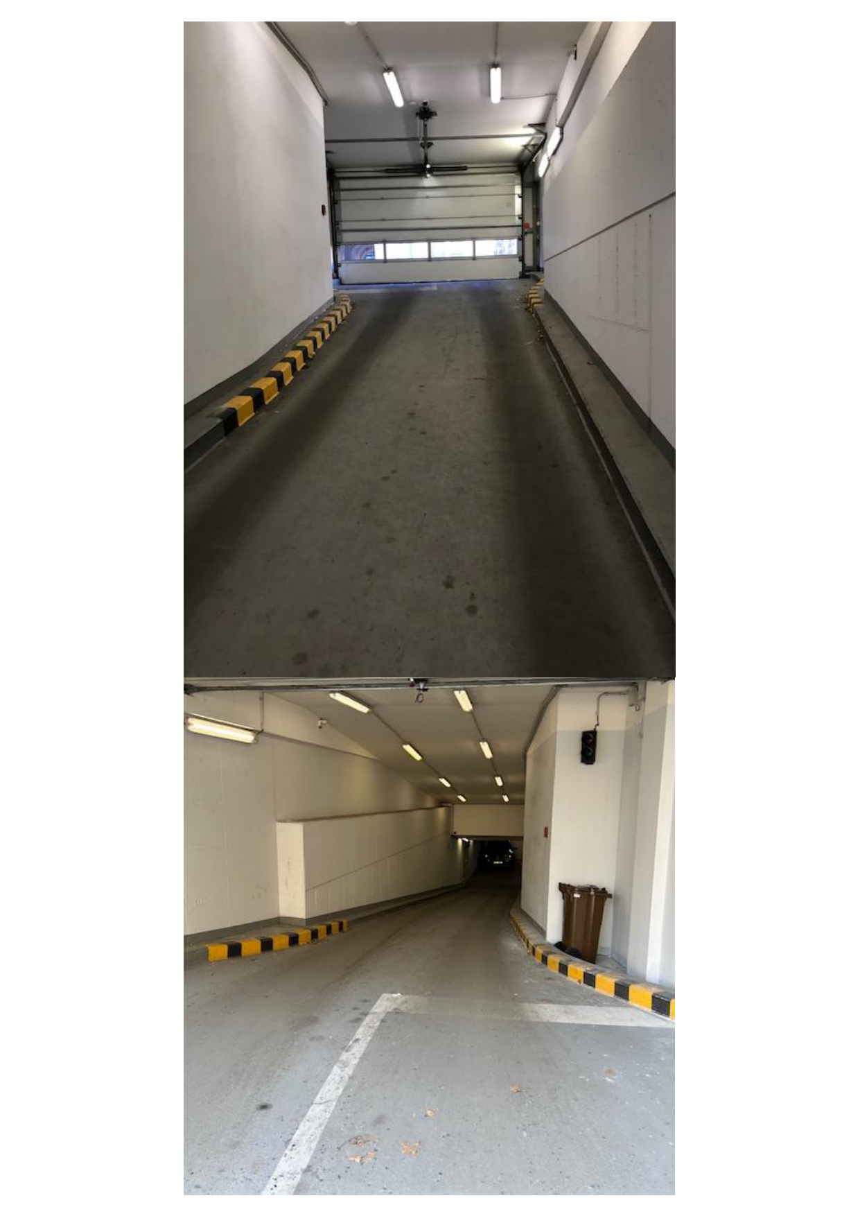 Fotografie vjezdu do podzemních garáží objektu.