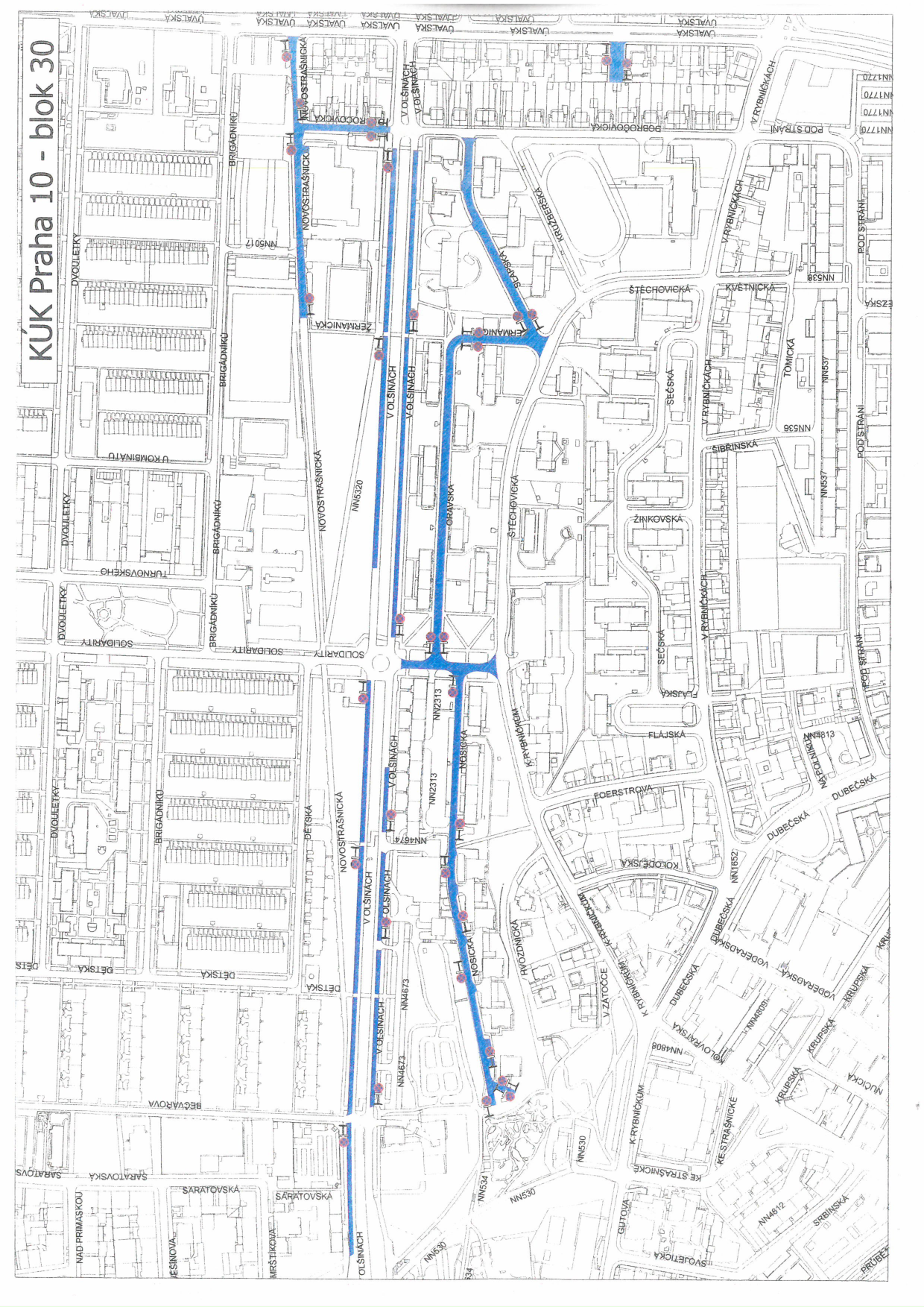 Situační plán a schéma dopravního značení nebo úprav v oblasti Praha 10 - blok 30.