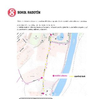 Sokol Radotín - Sokolský běh republiky, 28. 10. 2026, 13.25–14.20. Místa mobilních zábran se značkou B1 Zákaz vjezdu všech vozidel a dodatkovou tabulkou. U kaž…