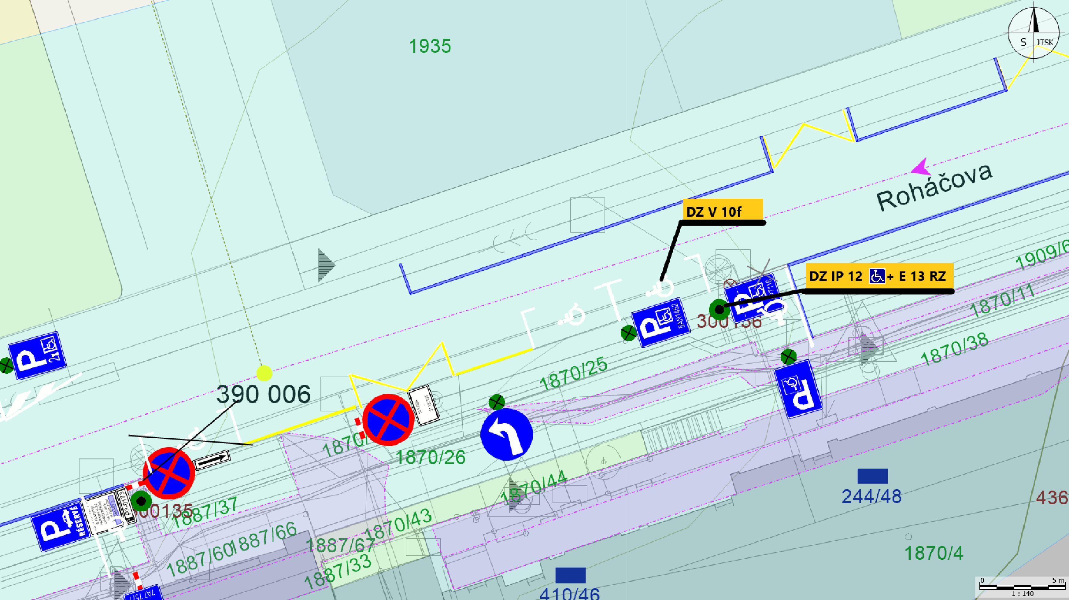 Situační nákres dopravního značení na ulici Roháčova.