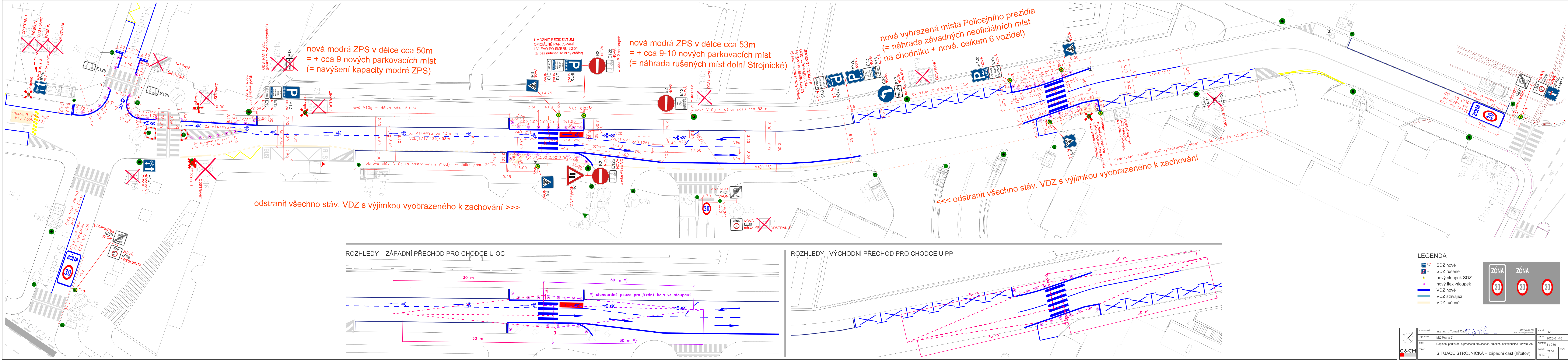 Situační nákres dopravního značení a parkovacích úprav v ulici Strojnická.