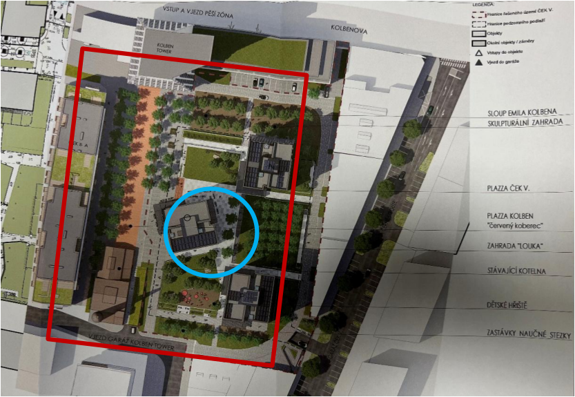 Koordinační situační výkres plánované výstavby v oblasti Kolbenova, znázorňující rozmístění objektů, zeleně a komunikací.