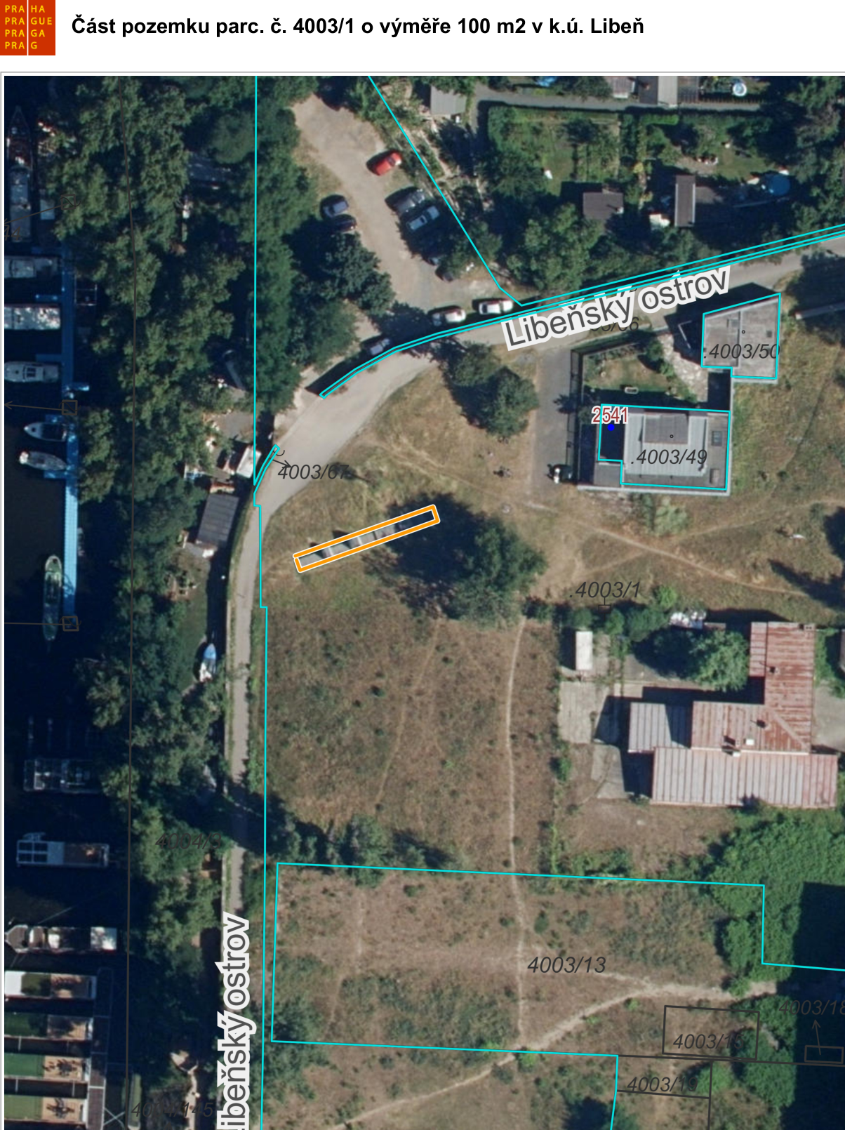 Ortofoto mapa s vyznačenou částí pozemku parc. č. 4003/1 v k.ú. Libeň.
