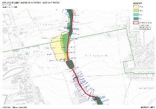 ZÁPLAVOVÉ ÚZEMÍ VESTECKÉHO POTOKA - OLŠANSKÝ POTOK, M 1:5 000, úsek ř. km 1,4-2,6. VODNÍ DÍLA - TBD a.s., březen 2026. MAPOVÝ LIST 2. LEGENDA: Q500 (světle žlu…