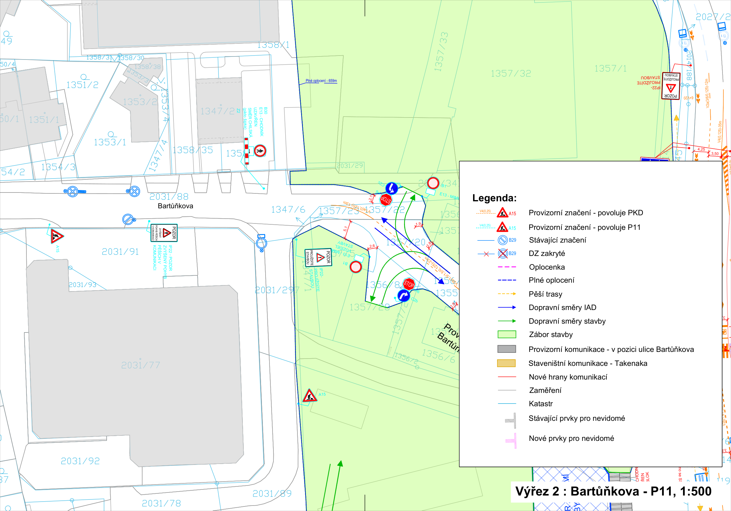 Výřez 2: Bartůňkova - P11, 1:500. Situační nákres dopravního značení a záboru stavby v ulici Bartůňkova. Legenda: A15 (Provizorní značení - povoluje PKD), A15 (Provizorní značení - povoluje P11), B29 (Stávající značení), B29 (DZ zakryté), Oplocenka, Plné oplocení, Pěší trasy, Dopravní směry IAD, Dopravní směry stavby, Zábor stavby, Provizorní komunikace - v pozici ulice Bartůňkova, Staveništní komunikace - Takenaka, Nové hrany komunikací, Zaměření, Katastr, Stávající prvky pro nevidomé, Nové prvky pro nevidomé. V mapě jsou vyznačena čísla parcel (např. 1357/33, 1357/32, 1357/1, 2031/88, 2031/91, 2031/77, 1356/6, 1355, 1356/8, 1357/22, 1347/6, 1358/35, 1353/1, 1353/2, 1358/30, 1358/31, 1351/2, 1351/1, 2031/92, 2031/78, 2031/89, 2031/297). Značky v mapě zahrnují dopravní značení (např. IP22, B1, STOP, A15) a směrové šipky pro organizaci dopravy.