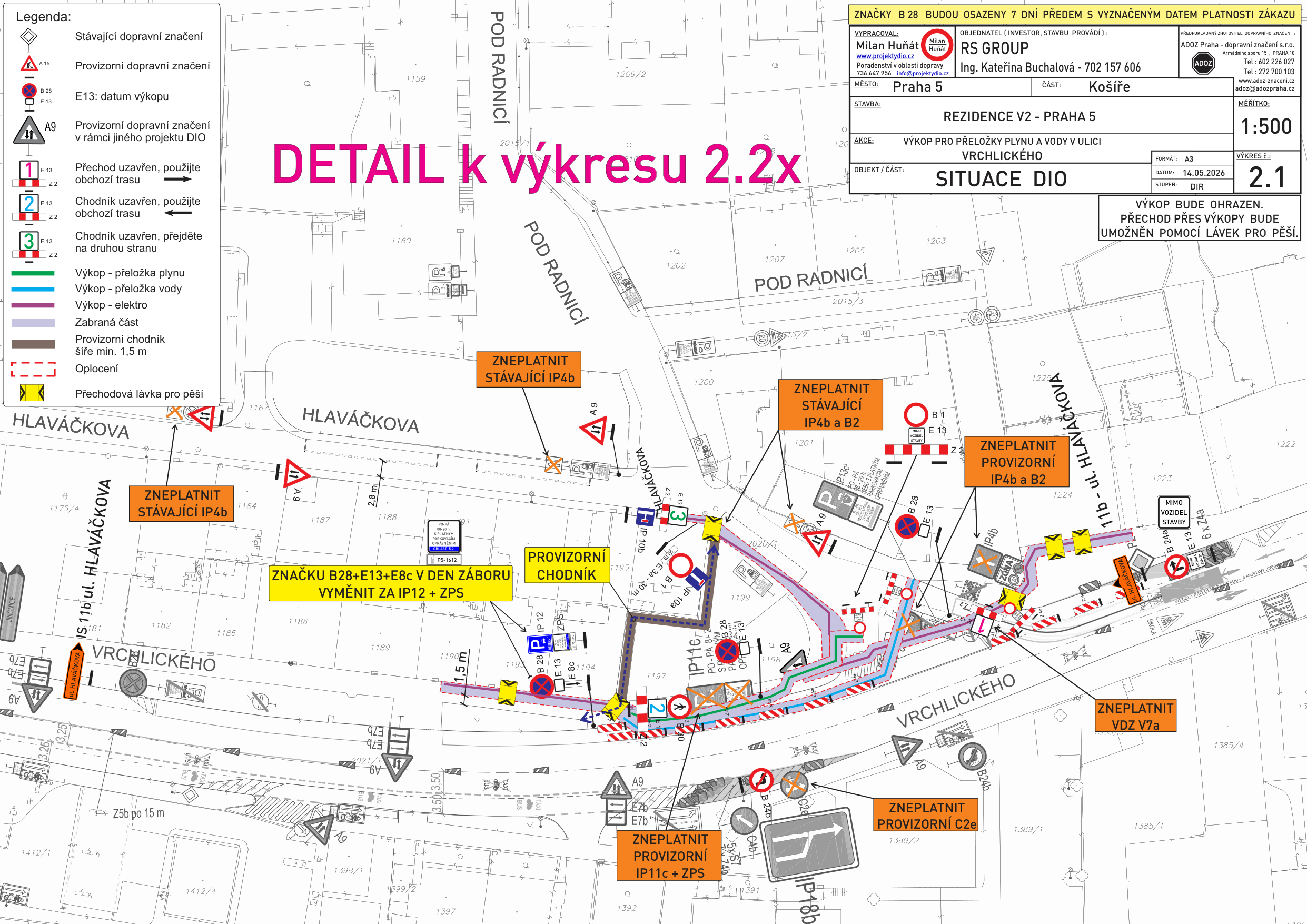 Situační nákres DIO (dopravně inženýrského opatření) pro výkop pro přeložku plynu a vody v ulici Vrchlického, Praha 5. Dokument obsahuje legendu dopravního značení, technické detaily o uzavírkách, provizorních chodnících a přechodech. Klíčové informace: Značky B 28 budou osazeny 7 dní předem s vyznačeným datem platnosti zákazu. Zhotovitel: RS GROUP, Ing. Kateřina Buchalová (702 157 606). Vypracoval: Milan Huňát (736 647 956). Datum vypracování: 14.05.2026. Výkres č. 2.1. Obsahuje instrukce jako 'Zneplatnit stávající IP4b', 'Provizorní chodník', 'Značku B28+E13+E8c v den záboru vyměnit za IP12 + ZPS'.