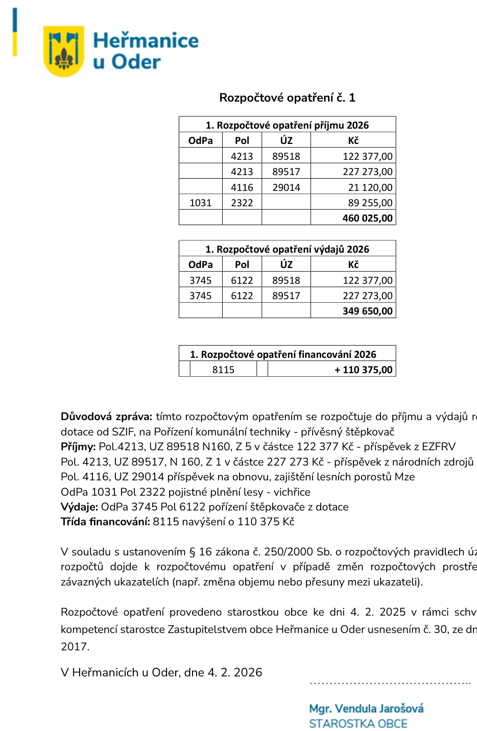 Rozpočtové opatření č. 1 obce Heřmanice u Oder ze dne 4. 2. 2026. Dokument obsahuje tabulky příjmů (celkem 460 025 Kč), výdajů (celkem 349 650 Kč) a financování (+ 110 375 Kč). Důvodová zpráva uvádí dotaci ze SZIF na pořízení komunální techniky (přívěsný štěpkovač). Příjmy zahrnují: Pol. 4213, UZ 89518, 122 377 Kč (příspěvek z EZFRV); Pol. 4213, UZ 89517, 227 273 Kč (příspěvek z národních zdrojů); Pol. 4116, UZ 29014, 21 120 Kč (obnova lesních porostů); OdPa 1031, Pol. 2322, 89 255 Kč (pojistné plnění lesy - vichřice). Výdaje: OdPa 3745, Pol. 6122, 349 650 Kč (pořízení štěpkovače z dotace). Dokument podepsala starostka obce Mgr. Vendula Jarošová.