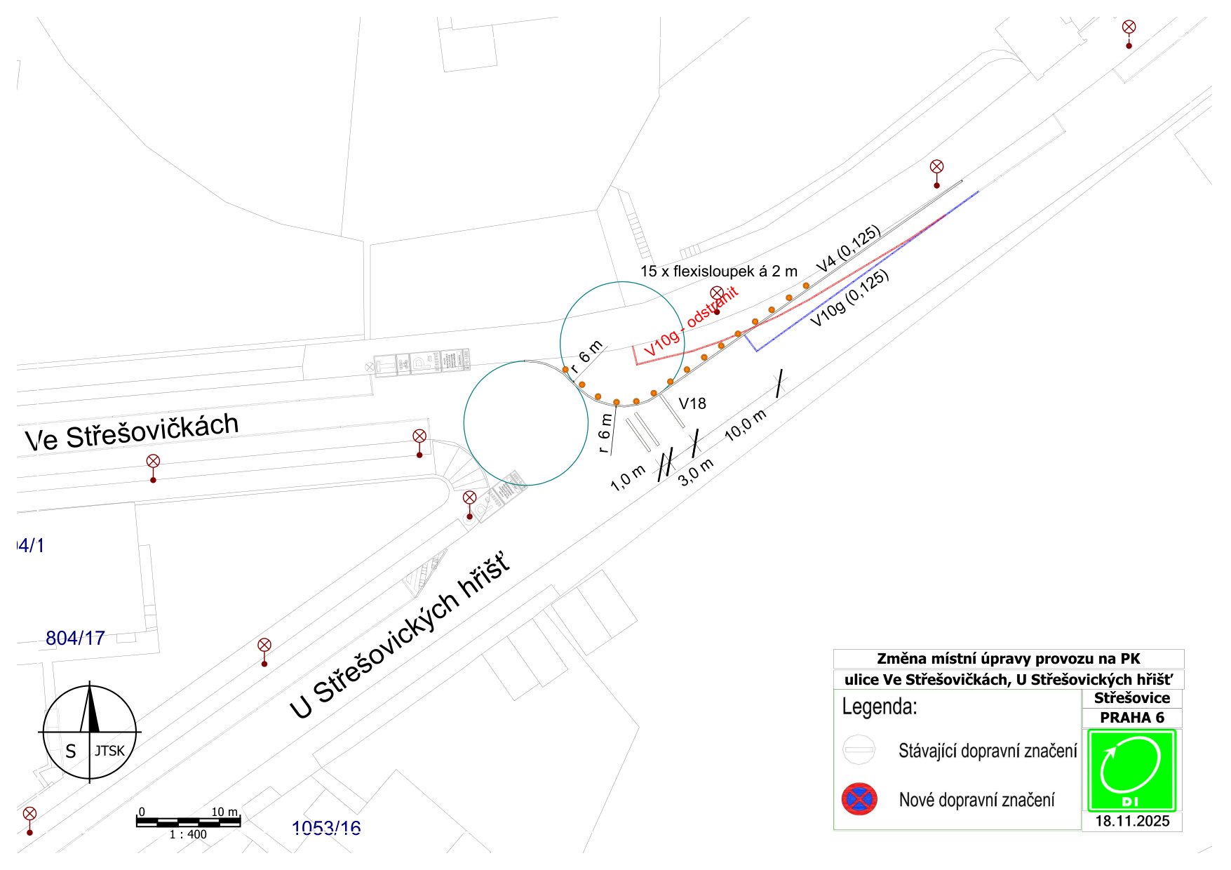 Situační nákres dopravního značení v ulici Ve Střešovičkách a U Střešovických hřišť.