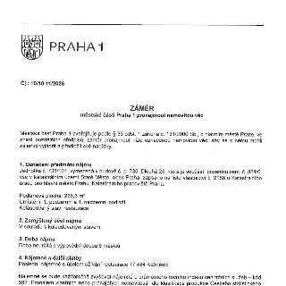ZÁMĚR městské části Praha 1 pronajmout nemovitou věc. Čj.: 10/10-11/2026. Městská část Praha 1 zveřejňuje podle § 36 odst. 1 zákona č. 131/2000 Sb., o hlavním…