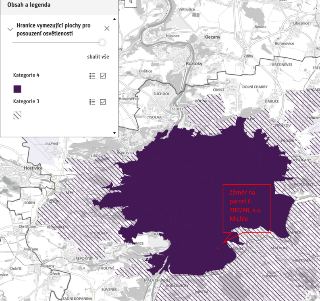 Mapa s legendou obsahující hranici vymezující plochy pro posouzení osvětlenosti, Kategorie 4 a Kategorie 3. V oblasti Michle je červeně vyznačeno: Záměr na par…