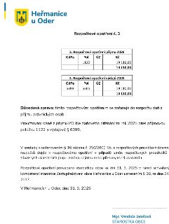 Heřmanice u Oder, Rozpočtové opatření č. 3. Tabulka příjmů 2026: Pol 1122, částka 19 110,00 Kč. Tabulka výdajů 2026: OdPa 6399, Pol 5365, částka 19 110,00 Kč.…