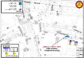 Situační plán a schéma dopravního značení. Měřítko: 1:500, Formát: A4, S JTSK. Označení 'Zábor komunikace - kulturní akce', rozměry 5,2m x 2,2m = 11,44m2, ulic…