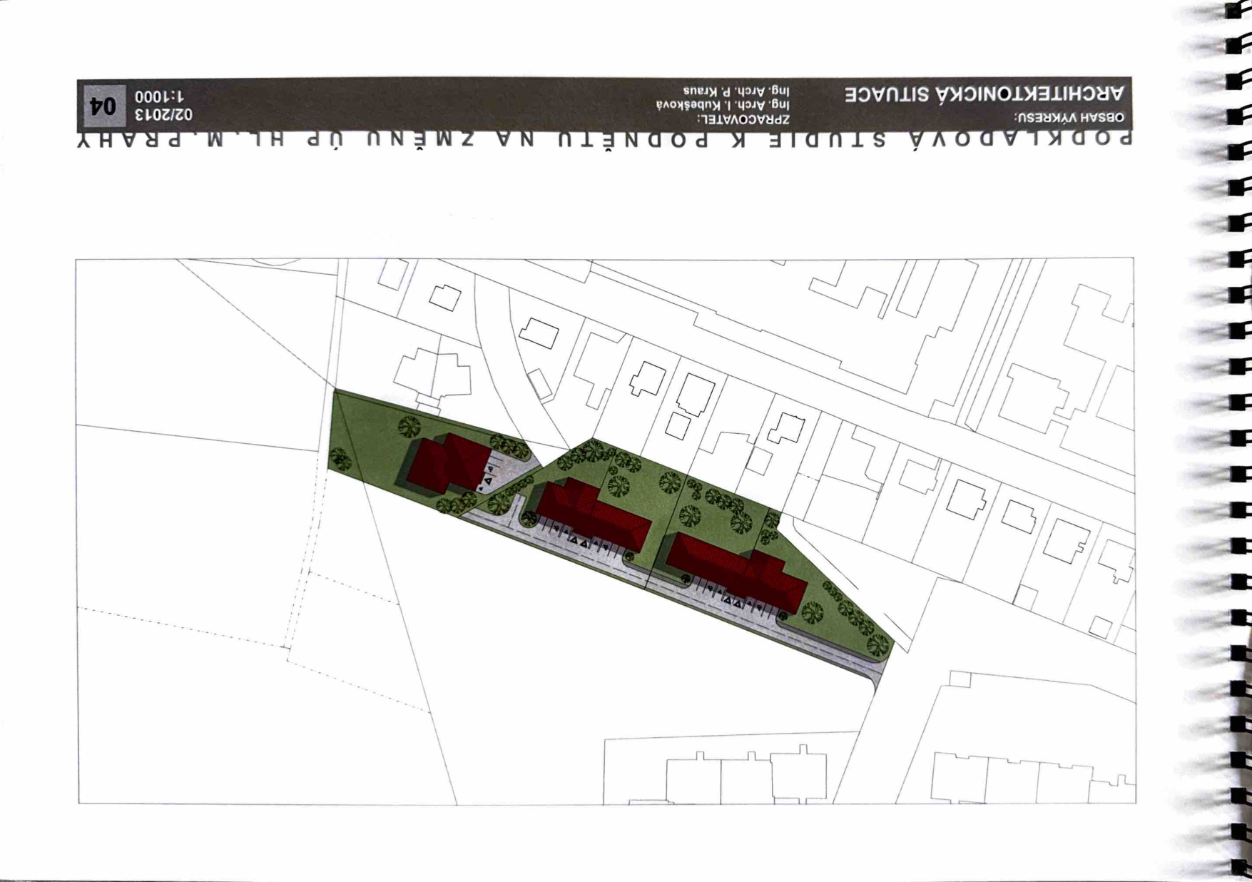 Architektonická situační studie zástavby pozemku se třemi objekty.