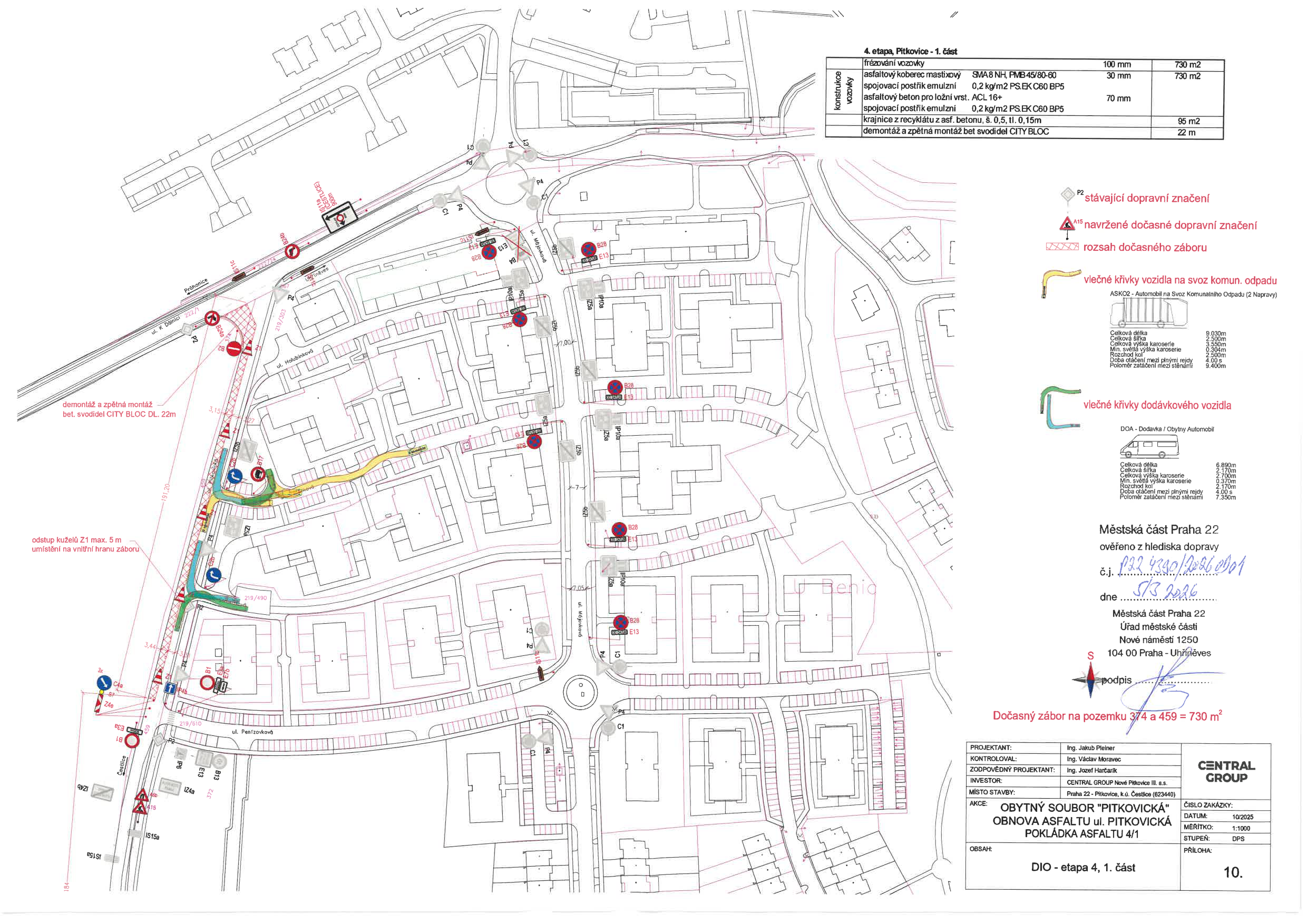 Situační nákres dopravního značení a plánované opravy asfaltového povrchu v rámci stavby v Pitkovicích.