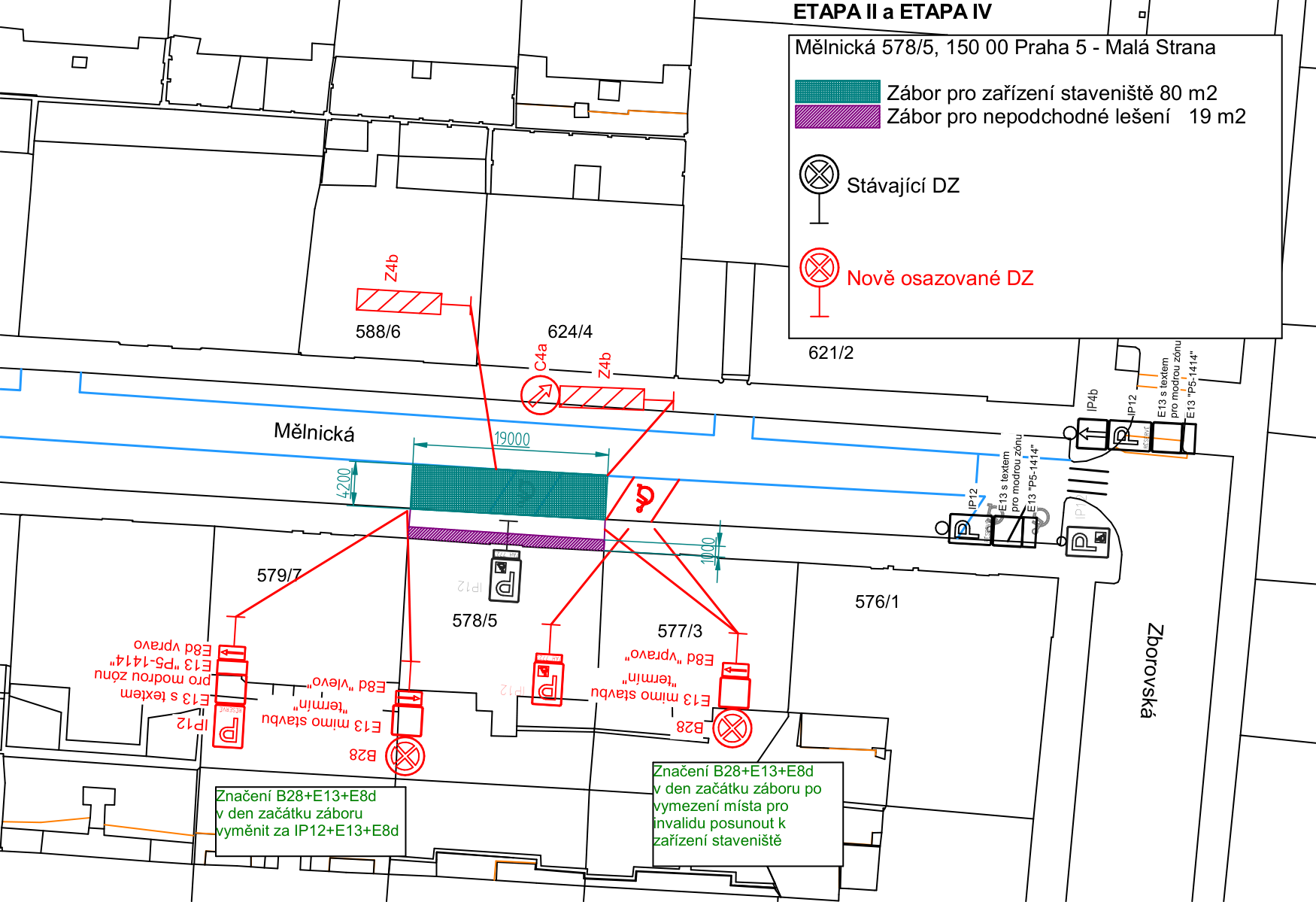 Situační plán záboru veřejného prostranství pro zařízení staveniště a lešení v ulici Mělnická v Praze.