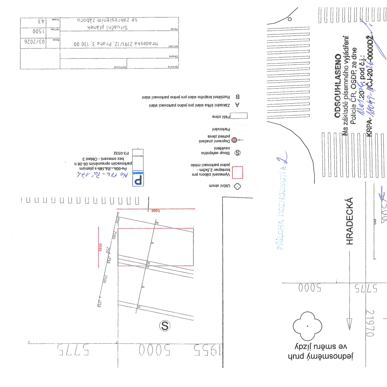Situační nákres záboru parkovacího místa v ulici Hradecká.