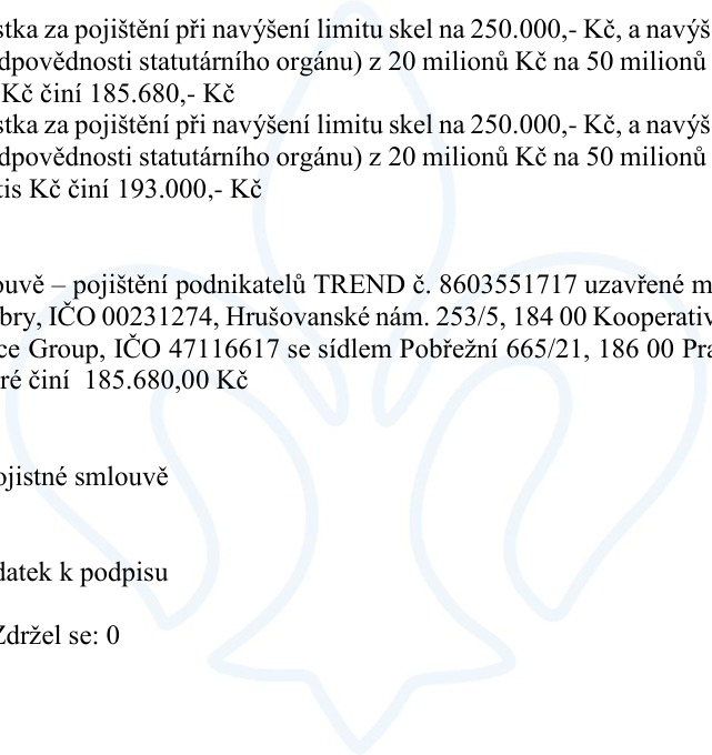 Výňatek z dokumentu týkající se pojištění: 1) Částka za pojištění při navýšení limitu skel na 250.000,- Kč a navýšení limitu odpovědnosti statutárního orgánu z 20 milionů Kč na 50 milionů Kč činí 185.680,- Kč. 2) Částka za pojištění při navýšení limitu skel na 250.000,- Kč a navýšení limitu odpovědnosti statutárního orgánu z 20 milionů Kč na 50 milionů Kč činí 193.000,- Kč. Dále je uvedeno: Pojištění podnikatelů TREND č. 8603551717 uzavřené mezi Městskou částí Praha-Ďáblice, IČO 00231274, Hrušovanské nám. 253/5, 184 00 Praha a Kooperativa pojišťovna, a.s., Vienna Insurance Group, IČO 47116617 se sídlem Pobřežní 665/21, 186 00 Praha, kde pojistné činí 185.680,00 Kč. Dokument obsahuje také zmínku o pojistné smlouvě, dodatku k podpisu a výsledku hlasování 'Zdržel se: 0'.